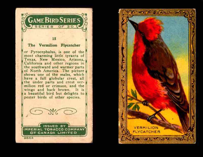 1910 Game Bird Series C14 Imperial Tobacco Vintage Trading Cards Singles #1-30 #15 The Vermilion Flycatcher  - TvMovieCards.com