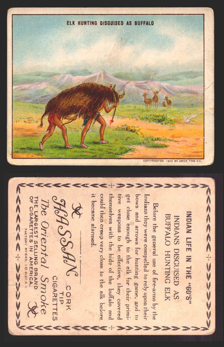 1910 T73 Hassan Cigarettes Indian Life In The 60's Tobacco Trading Cards Singles #15 Elk Hunting Disguised as Buffalo  - TvMovieCards.com