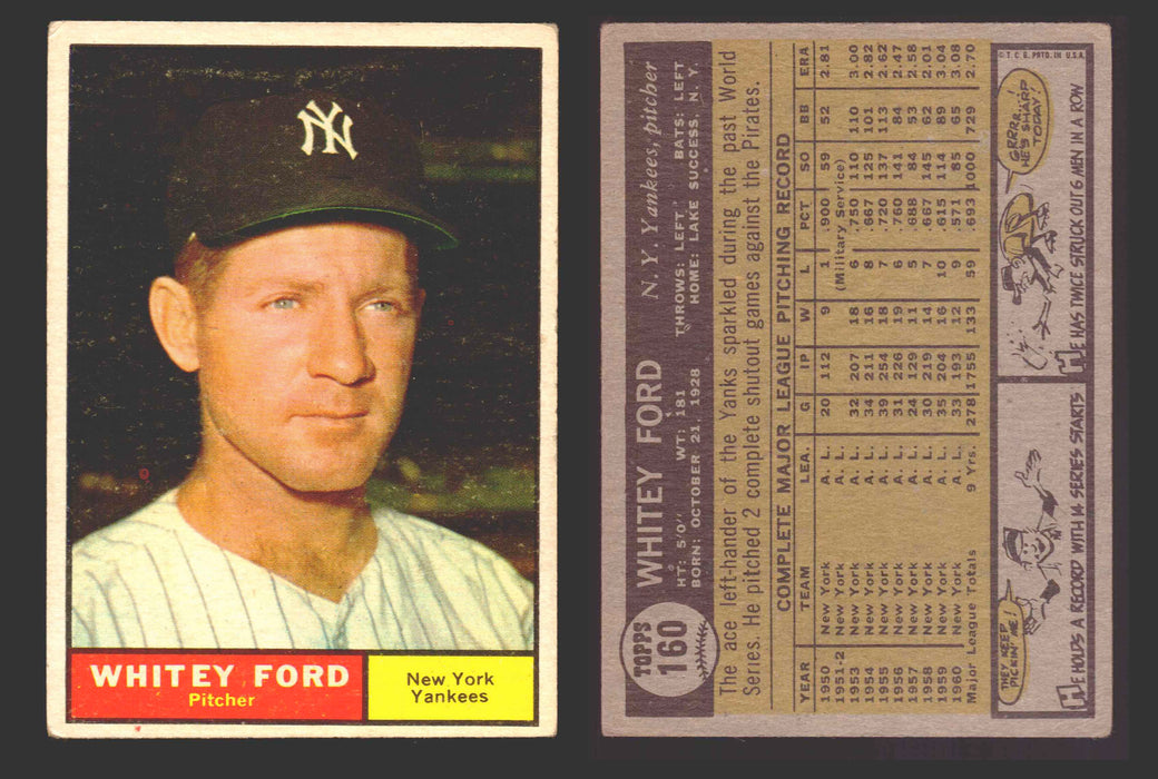 1961 Topps Baseball Trading Card You Pick Singles #100-#199 VG/EX #	160 Whitey Ford - New York Yankees  - TvMovieCards.com