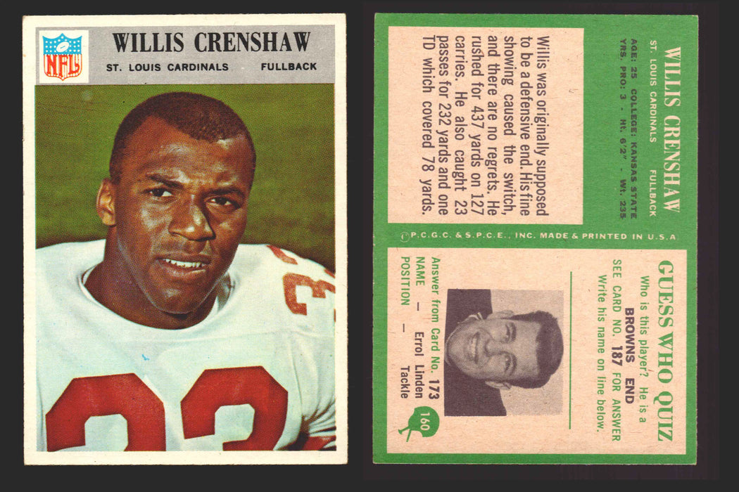 1966 Philadelphia Football NFL Trading Card You Pick Singles #100-196 VG/EX 160 Willis Crenshaw  - St. Louis Cardinals RC  - TvMovieCards.com