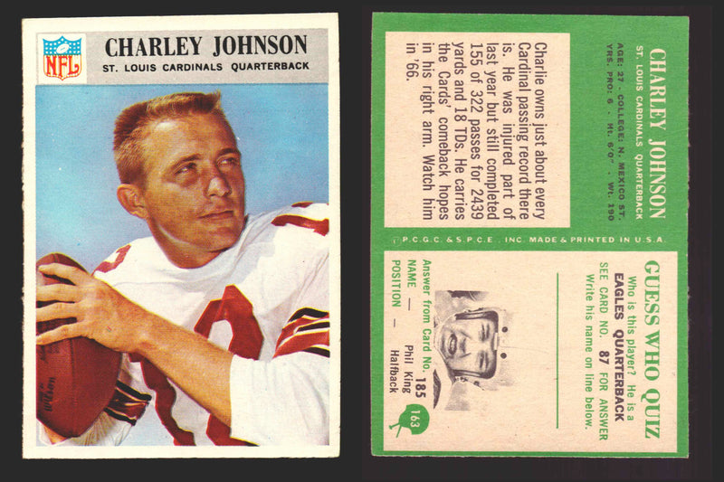 1966 Philadelphia Football NFL Trading Card You Pick Singles #100-196 VG/EX 163 Charley Johnson - St. Louis Cardinals  - TvMovieCards.com