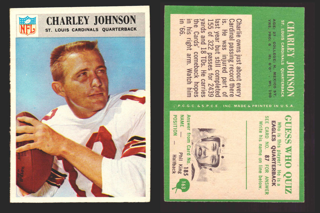 1966 Philadelphia Football NFL Trading Card You Pick Singles #100-196 VG/EX 163 Charley Johnson - St. Louis Cardinals  - TvMovieCards.com