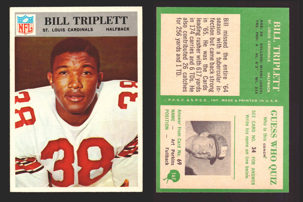 1966 Philadelphia Football NFL Trading Card You Pick Singles #100-196 VG/EX 167 Bill Triplett - St. Louis Cardinals  - TvMovieCards.com