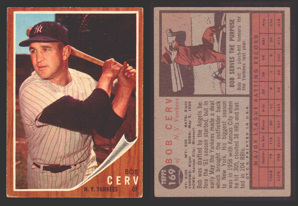 1962 Topps Baseball Trading Card You Pick Singles #100-#199 VG/EX #	169 Bob Cerv - New York Yankees  - TvMovieCards.com
