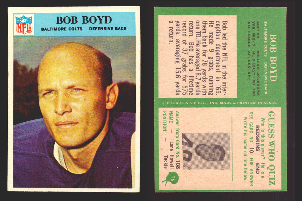 1966 Philadelphia Football NFL Trading Card You Pick Singles #1-#99 VG/EX 16 Bob Boyd - Baltimore Colts  - TvMovieCards.com