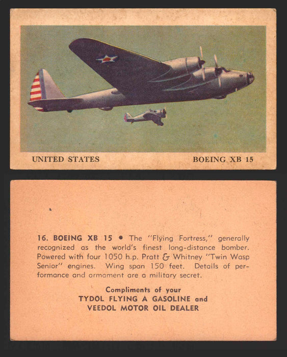 1940 Tydol Aeroplanes Flying A Gasoline You Pick Single Trading Card #1-40 #	16	Boeing XB 15  - TvMovieCards.com