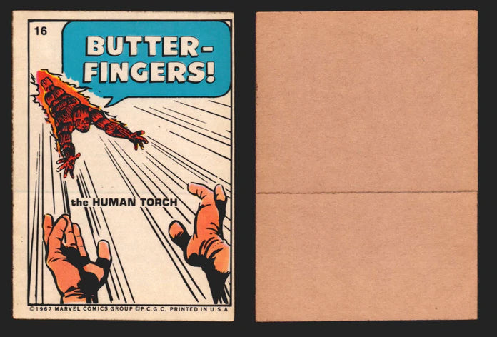 1967 Philadelphia Gum Marvel Super Hero Stickers Vintage You Pick Singles #1-55 16   The Human Torch - Butter-Fingers!  - TvMovieCards.com