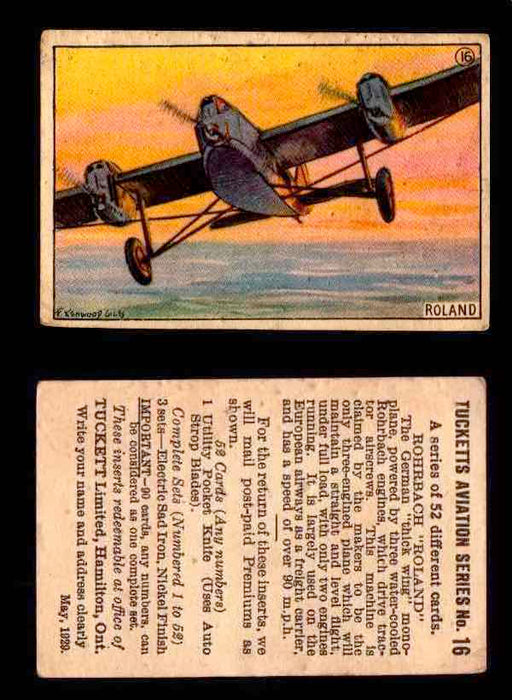 1929 Tucketts Aviation Series 1 Vintage Trading Cards You Pick Singles #1-52 #16 Rohrbach "Roland"  - TvMovieCards.com