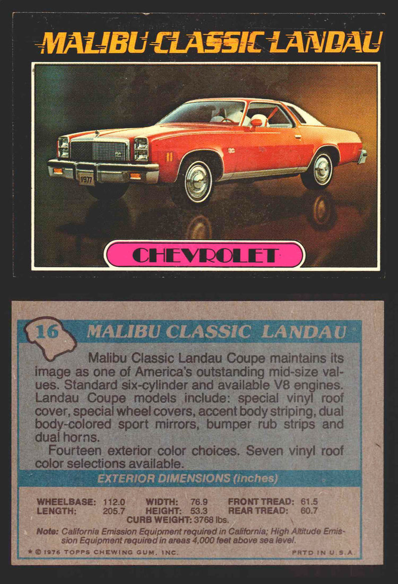 1976 Autos of 1977 Vintage Trading Cards You Pick Singles #1-99 Topps 16   Chevrolet Malibu Classi Landau  - TvMovieCards.com