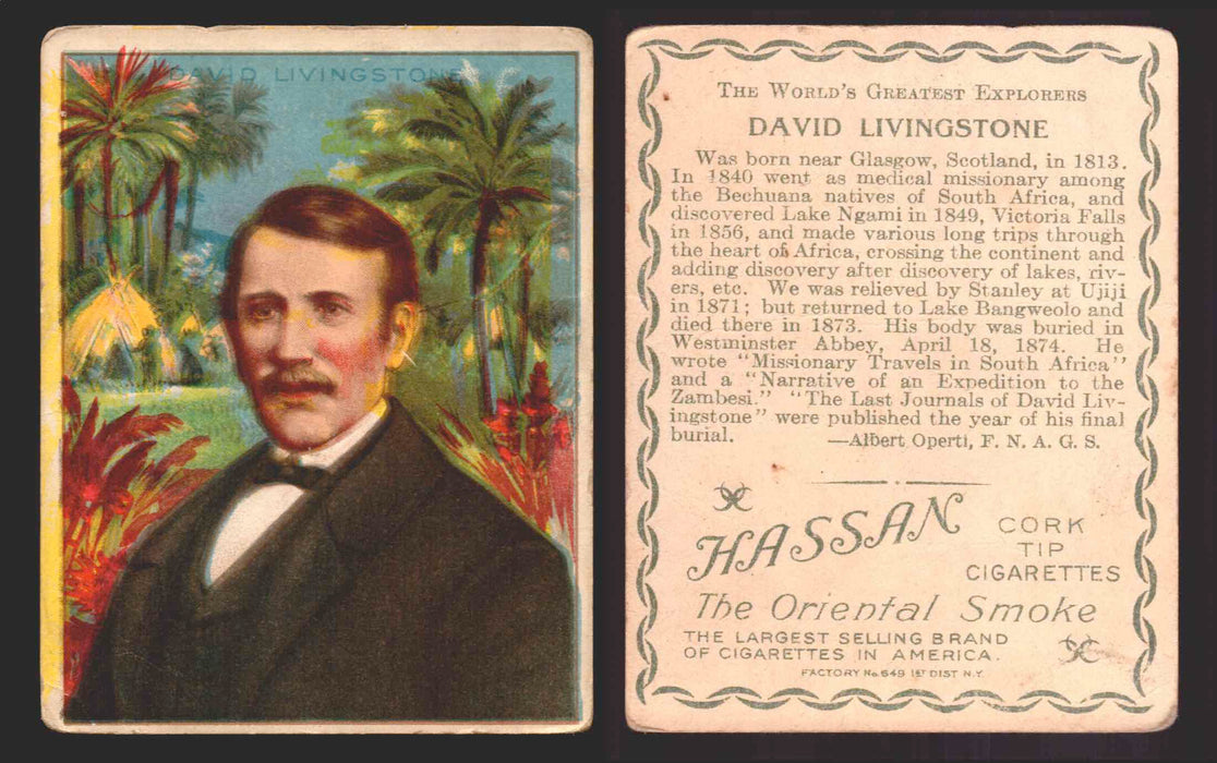 1910 T118 Hassan Cigarettes World's Greatest Explorers Trading Cards Singles #16 David Livingstone  - TvMovieCards.com