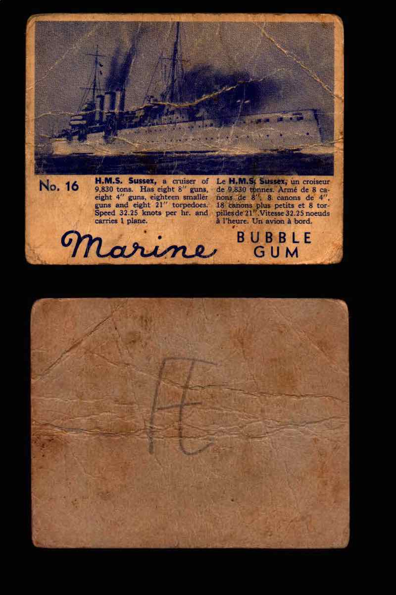 1944 Marine Bubble Gum World Wide V403-1 Vintage Trading Card #1-120 Singles #16 H.M.S. Sussex  - TvMovieCards.com