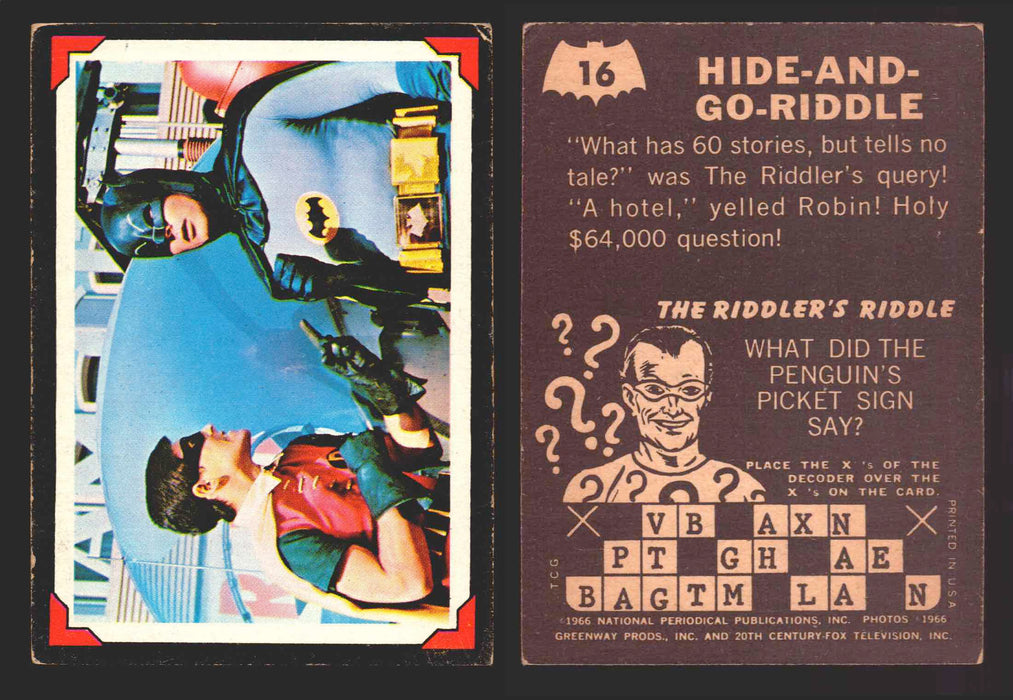Batman Riddler Back Vintage Trading Card You Pick Singles #1-#38 Topps 1966 #	 16   Hide-and-Go-Riddle  - TvMovieCards.com