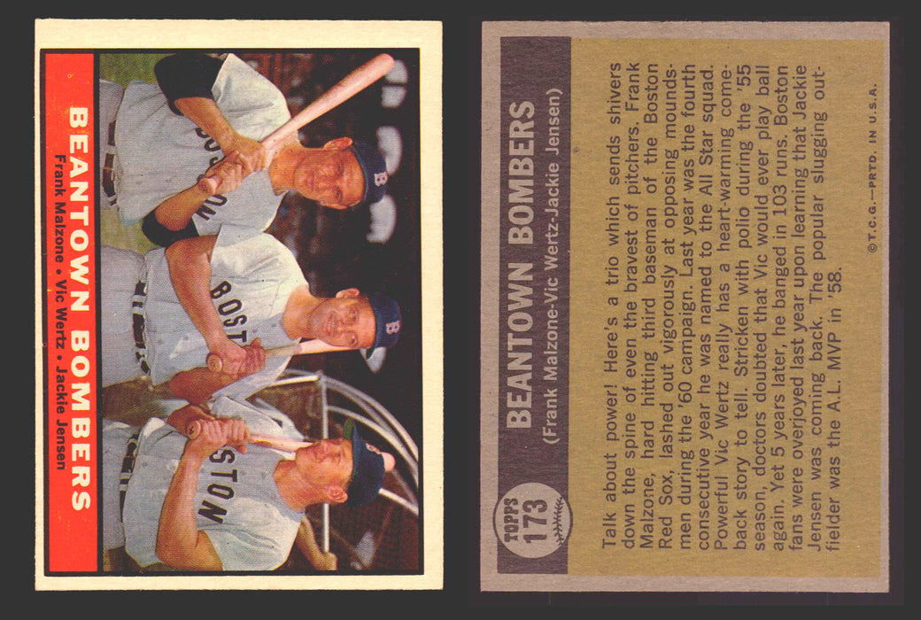 1961 Topps Baseball Trading Card You Pick Singles #100-#199 VG/EX #	173 Beantown Bombers - Frank Malzone / Vic Wertz / Jackie Jensen  - TvMovieCards.com
