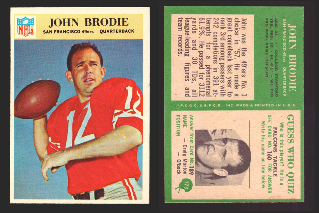 1966 Philadelphia Football NFL Trading Card You Pick Singles #100-196 VG/EX 173 John Brodie - San Francisco 49ers  - TvMovieCards.com