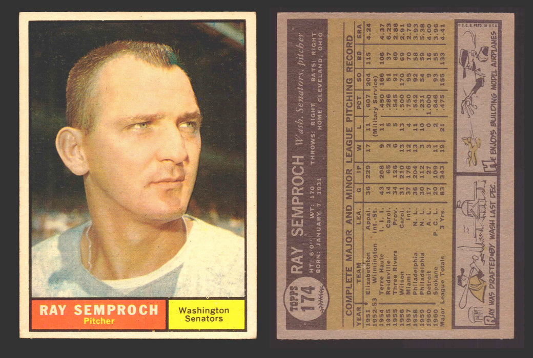 1961 Topps Baseball Trading Card You Pick Singles #100-#199 VG/EX #	174 Ray Semproch - Washington Senators  - TvMovieCards.com