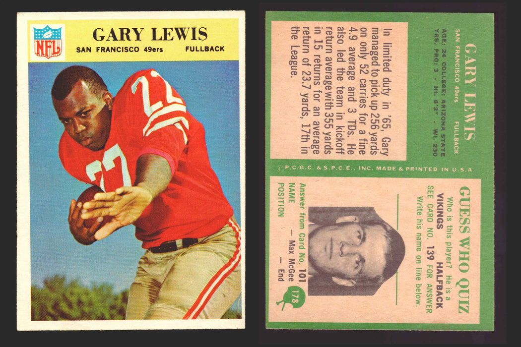 1966 Philadelphia Football NFL Trading Card You Pick Singles #100-196 VG/EX 178 Gary Lewis  - San Francisco 49ers RC  - TvMovieCards.com