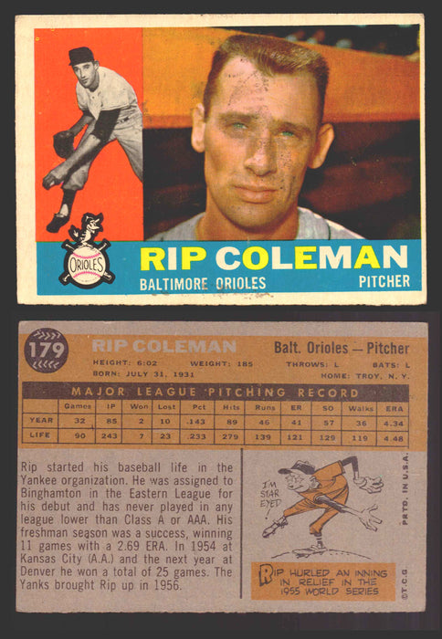 1960 Topps Baseball Trading Card You Pick Singles #1-#250 VG/EX 179 - Rip Coleman  - TvMovieCards.com