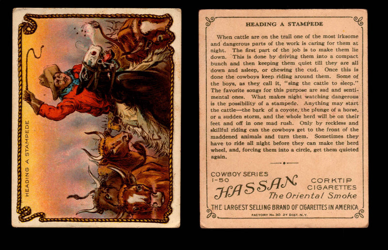 1909 T53 Hassan Cigarettes Cowboy Series #1-50 Trading Cards Singles #17 Heading A Stampede  - TvMovieCards.com
