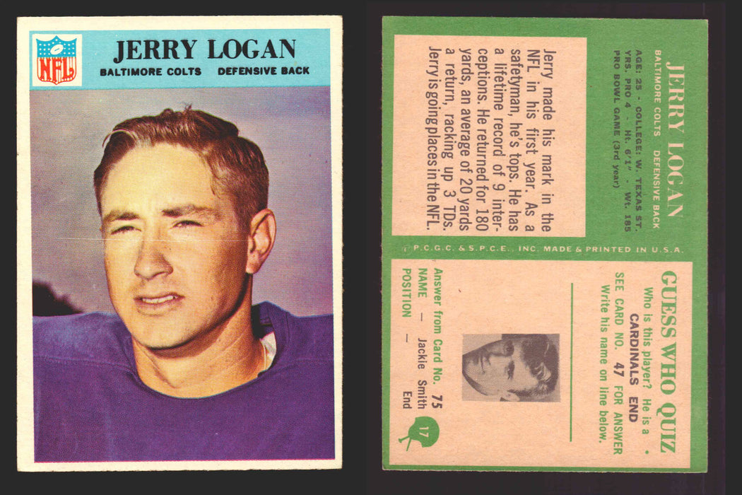 1966 Philadelphia Football NFL Trading Card You Pick Singles #1-#99 VG/EX 17 Jerry Logan - Baltimore Colts  - TvMovieCards.com