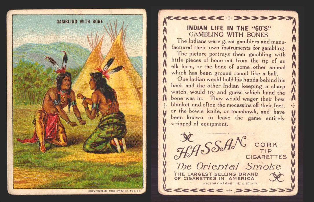1910 T73 Hassan Cigarettes Indian Life In The 60's Tobacco Trading Cards Singles #17 Gambling with Bone  - TvMovieCards.com