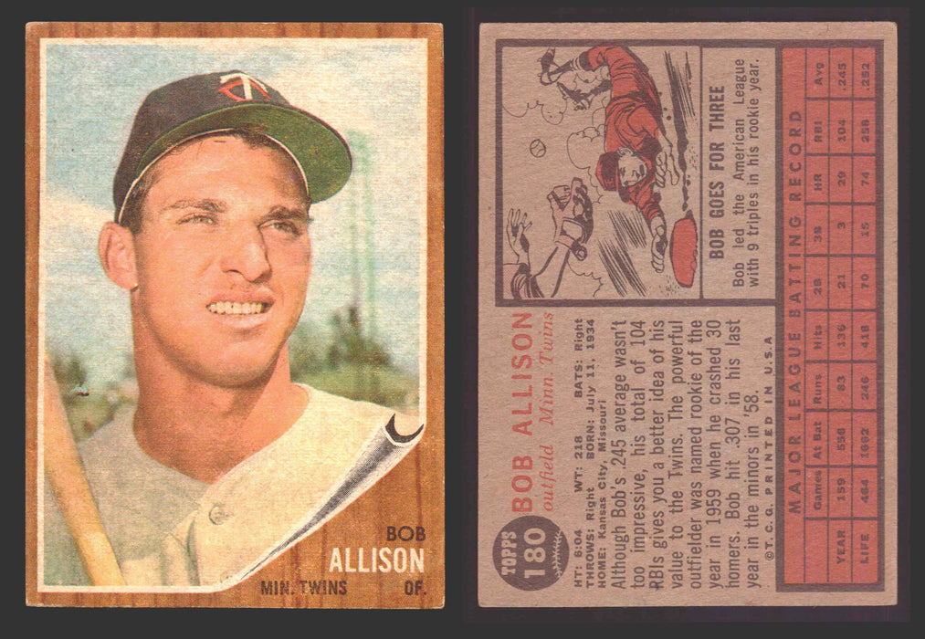 1962 Topps Baseball Trading Card You Pick Singles #100-#199 VG/EX #	180 Bob Allison - Minnesota Twins  - TvMovieCards.com