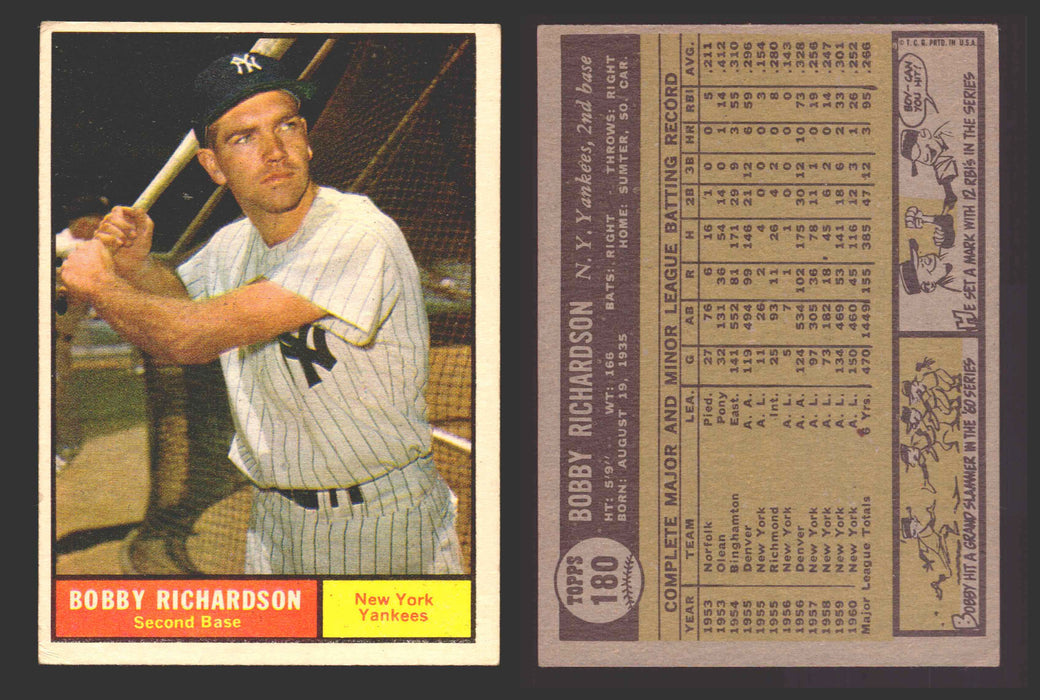 1961 Topps Baseball Trading Card You Pick Singles #100-#199 VG/EX #	180 Bobby Richardson - New York Yankees  - TvMovieCards.com