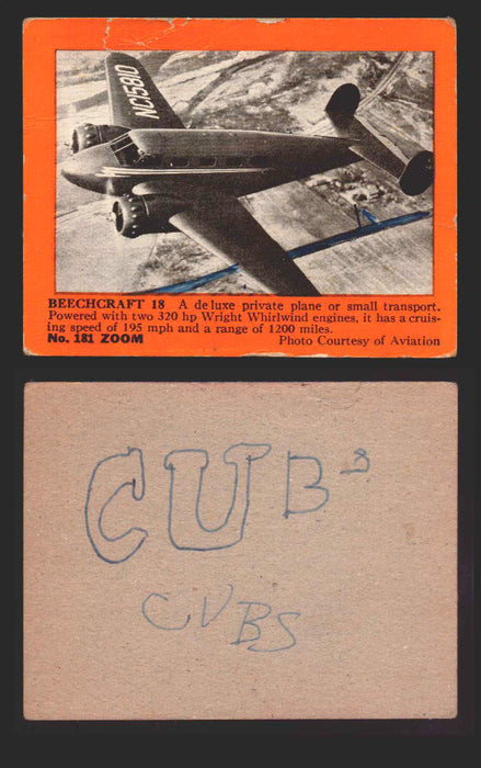 1940 Zoom Airplanes Series 2 & 3 You Pick Single Trading Cards #1-200 Gum 181 Beechcraft 18  - TvMovieCards.com