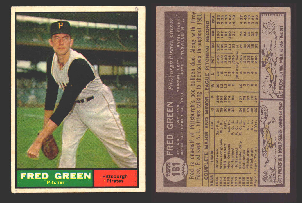 1961 Topps Baseball Trading Card You Pick Singles #100-#199 VG/EX #	181 Fred Green - Pittsburgh Pirates  - TvMovieCards.com