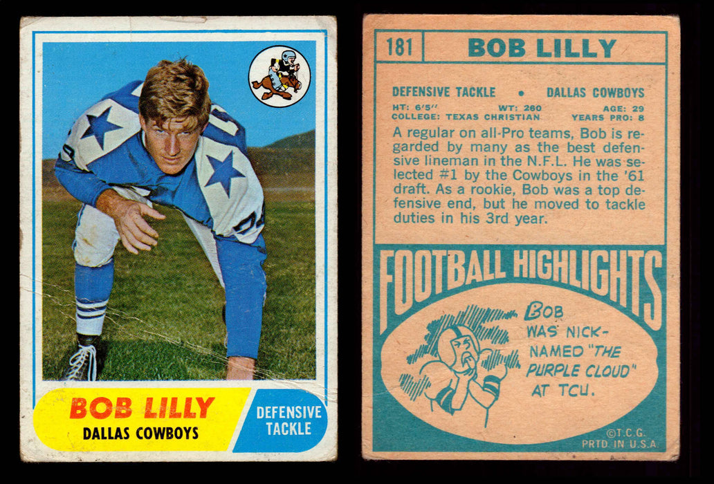 1968 Topps Football Trading Card You Pick Singles #1-#219 G/VG/EX #	181	Bob Lilly (HOF) (creased)  - TvMovieCards.com