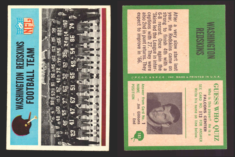 1966 Philadelphia Football NFL Trading Card You Pick Singles #100-196 VG/EX 183 Washington Redskins Team  - TvMovieCards.com