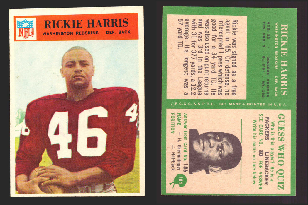 1966 Philadelphia Football NFL Trading Card You Pick Singles #100-196 VG/EX 184 Rickie Harris  - Washington Redskins RC  - TvMovieCards.com