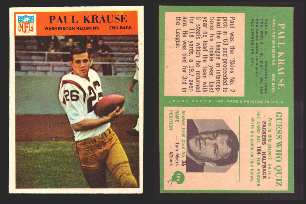 1966 Philadelphia Football NFL Trading Card You Pick Singles #100-196 VG/EX 186 Paul Krause - Washington Redskins  - TvMovieCards.com