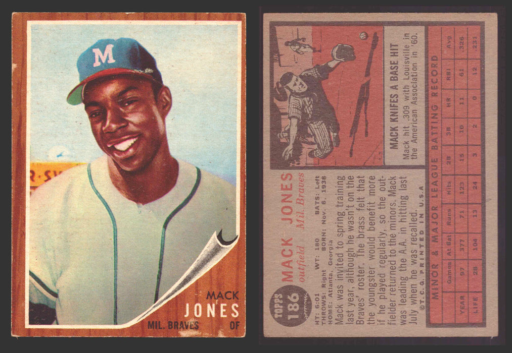 1962 Topps Baseball Trading Card You Pick Singles #100-#199 VG/EX #	186 Mack Jones - Milwaukee Braves RC  - TvMovieCards.com
