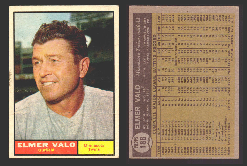 1961 Topps Baseball Trading Card You Pick Singles #100-#199 VG/EX #	186 Elmer Valo - Minnesota Twins  - TvMovieCards.com