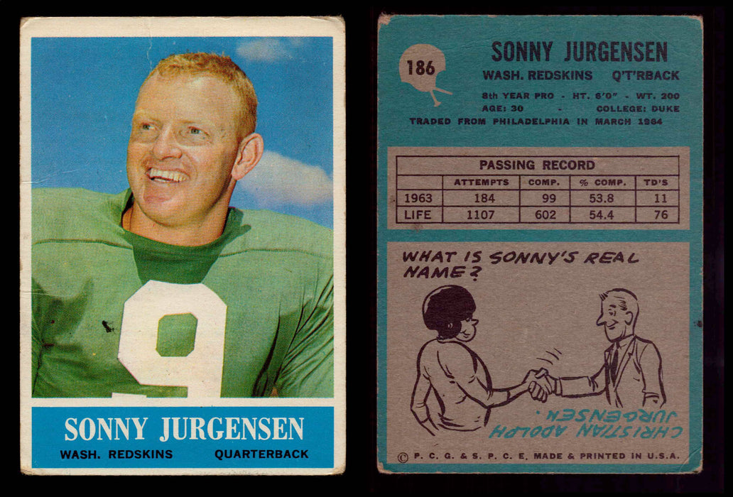 1964 Philadelphia Football Trading Card You Pick Singles #1-#198 VG/EX #186 Sonny Jurgensen (HOF)(creased)  - TvMovieCards.com