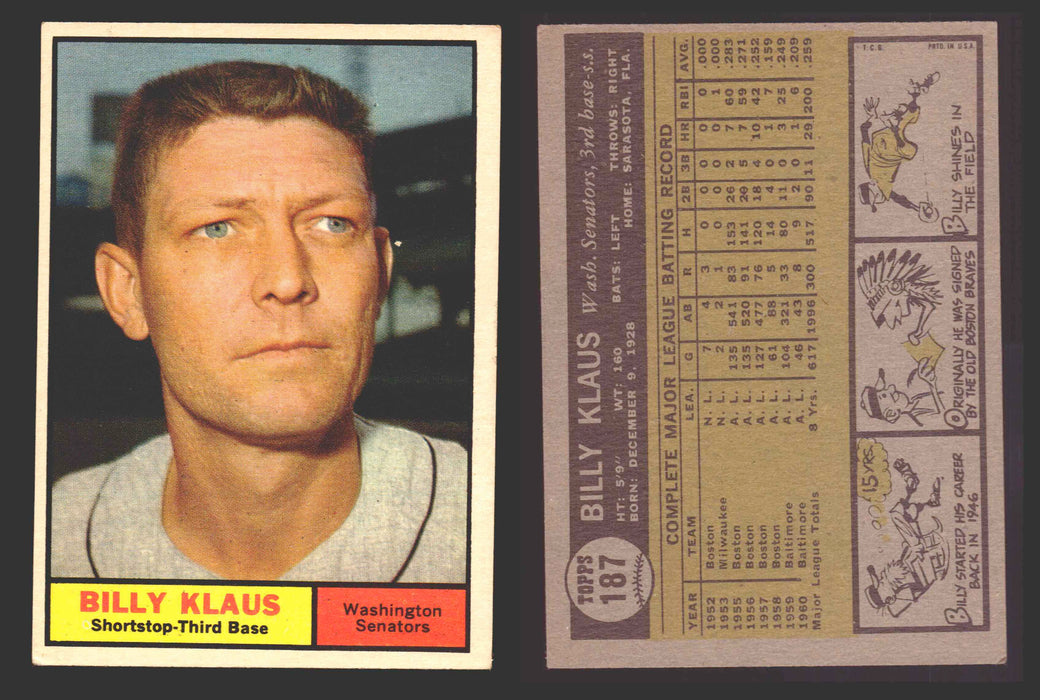 1961 Topps Baseball Trading Card You Pick Singles #100-#199 VG/EX #	187 Billy Klaus - Washington Senators  - TvMovieCards.com