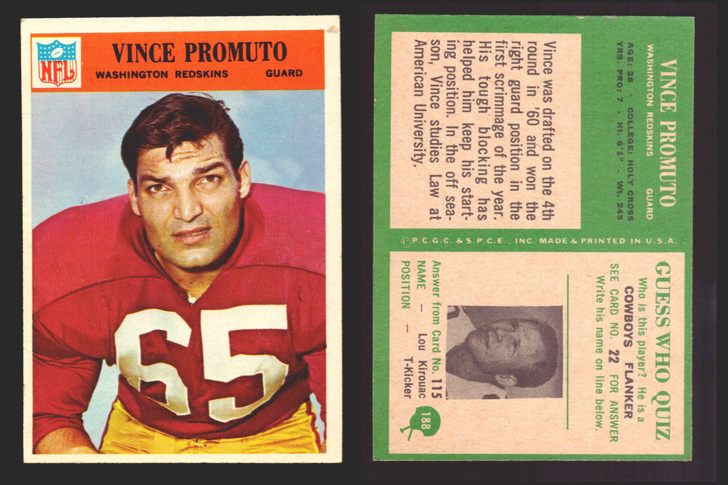 1966 Philadelphia Football NFL Trading Card You Pick Singles #100-196 VG/EX 188 Vince Promuto - Washington Redskins  - TvMovieCards.com