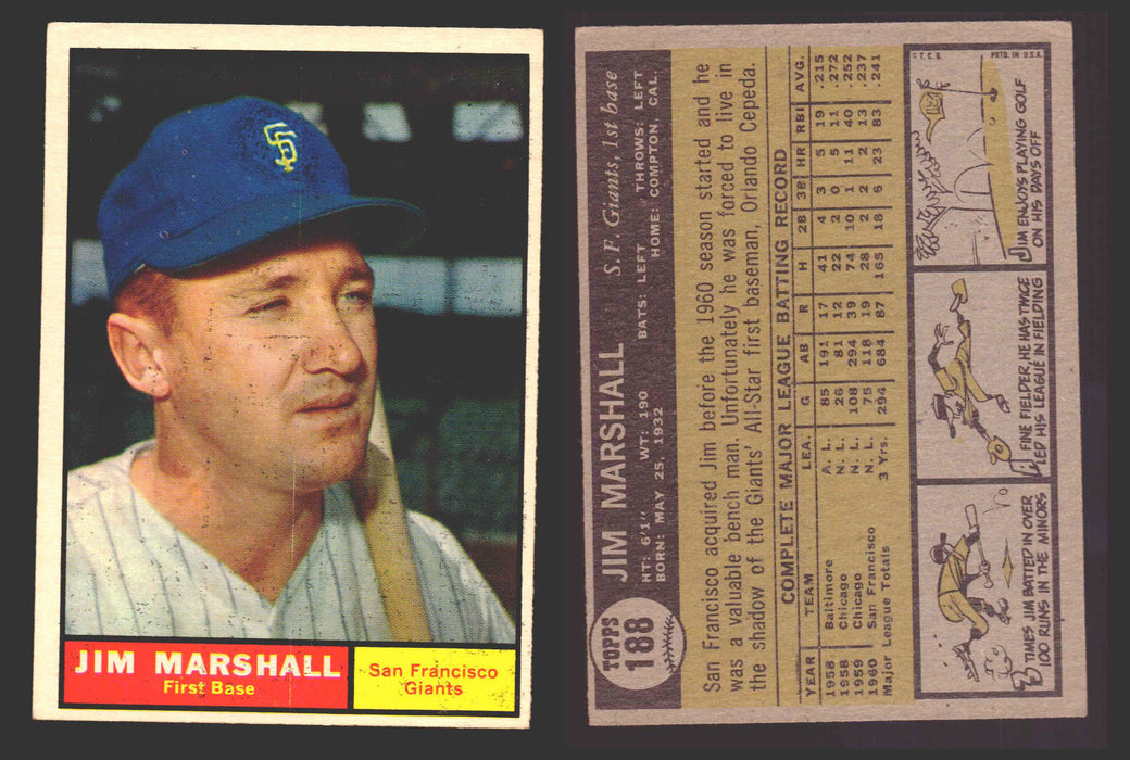 1961 Topps Baseball Trading Card You Pick Singles #100-#199 VG/EX #	188 Jim Marshall - San Francisco Giants  - TvMovieCards.com
