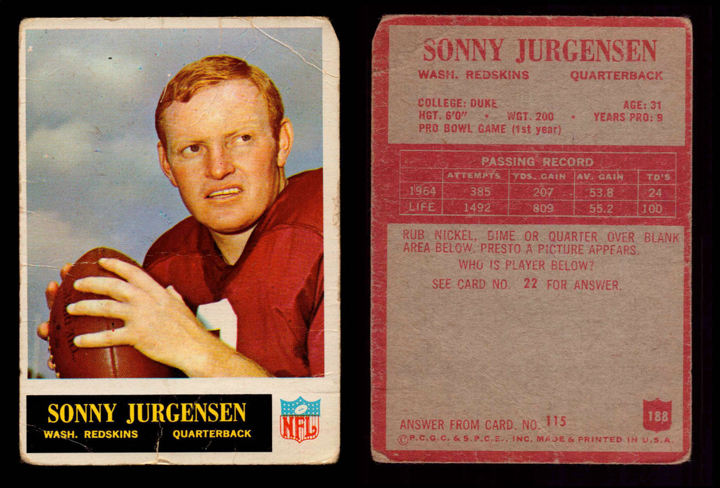 1965 Philadelphia Football Trading Card You Pick Singles #1-#198 VG #188 Sonny Jurgensen (HOF)  - TvMovieCards.com