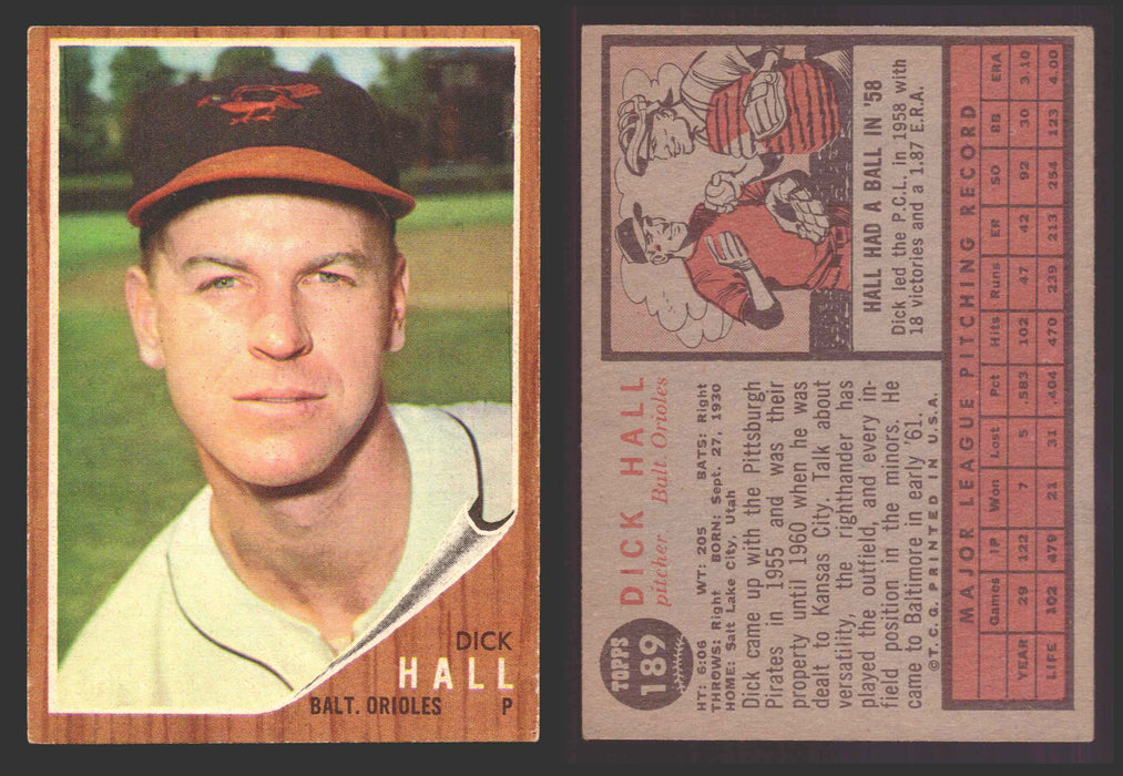 1962 Topps Baseball Trading Card You Pick Singles #100-#199 VG/EX #	189 Dick Hall - Baltimore Orioles  - TvMovieCards.com