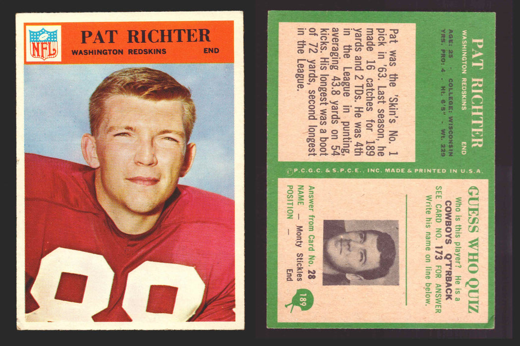 1966 Philadelphia Football NFL Trading Card You Pick Singles #100-196 VG/EX 189 Pat Richter  - Washington Redskins RC  - TvMovieCards.com