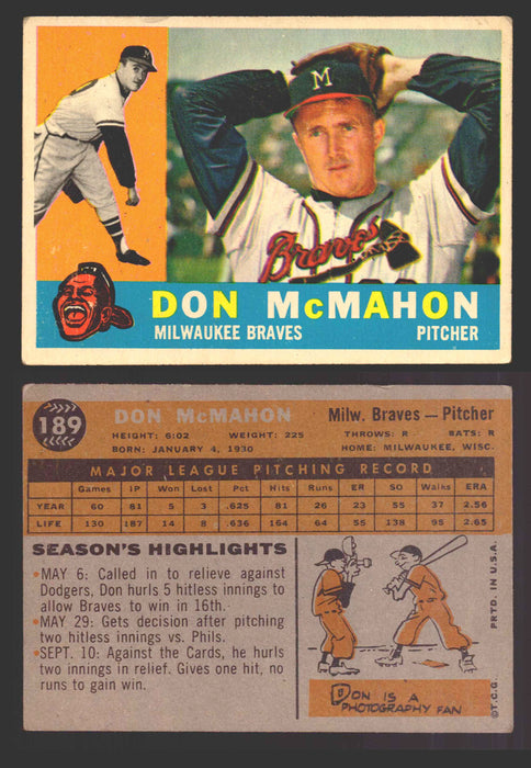 1960 Topps Baseball Trading Card You Pick Singles #1-#250 VG/EX 189 - Don McMahon  - TvMovieCards.com