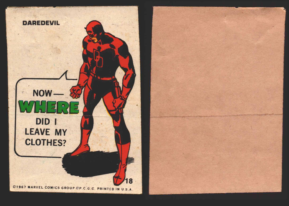 1967 Philadelphia Gum Marvel Super Hero Stickers Vintage You Pick Singles #1-55 18   Daredevil - Now--- Where did I leave my clothes?  - TvMovieCards.com