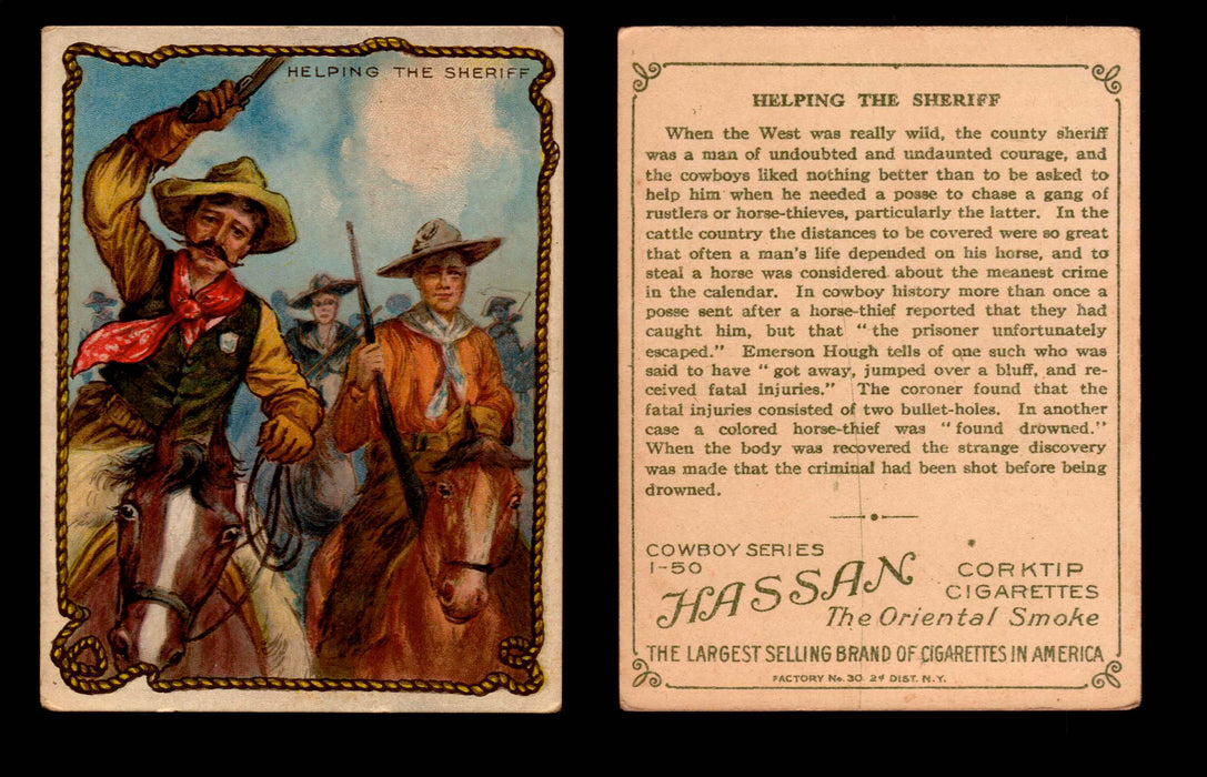 1909 T53 Hassan Cigarettes Cowboy Series #1-50 Trading Cards Singles #18 Helping The Sheriff  - TvMovieCards.com