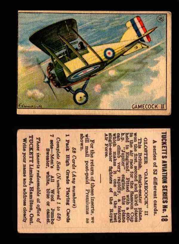 1929 Tucketts Aviation Series 1 Vintage Trading Cards You Pick Singles #1-52 #18 Gloster Gamecock II  - TvMovieCards.com