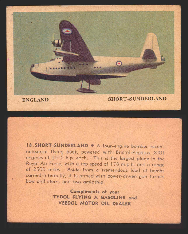 1940 Tydol Aeroplanes Flying A Gasoline You Pick Single Trading Card #1-40 #	18	Short-Sunderland  - TvMovieCards.com
