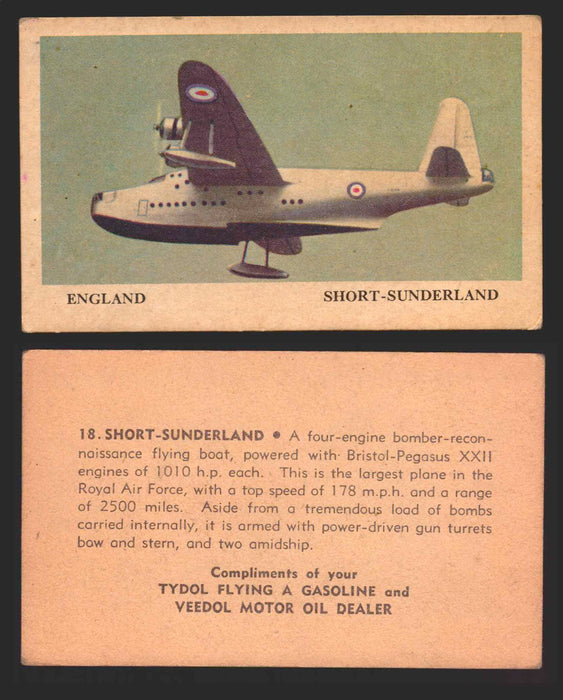1940 Tydol Aeroplanes Flying A Gasoline You Pick Single Trading Card #1-40 #	18	Short-Sunderland  - TvMovieCards.com