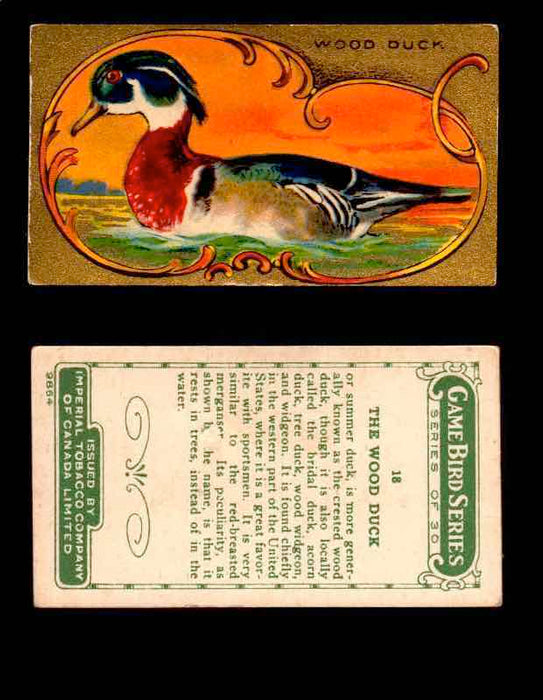 1910 Game Bird Series C14 Imperial Tobacco Vintage Trading Cards Singles #1-30 #18 The Wood Duck  - TvMovieCards.com
