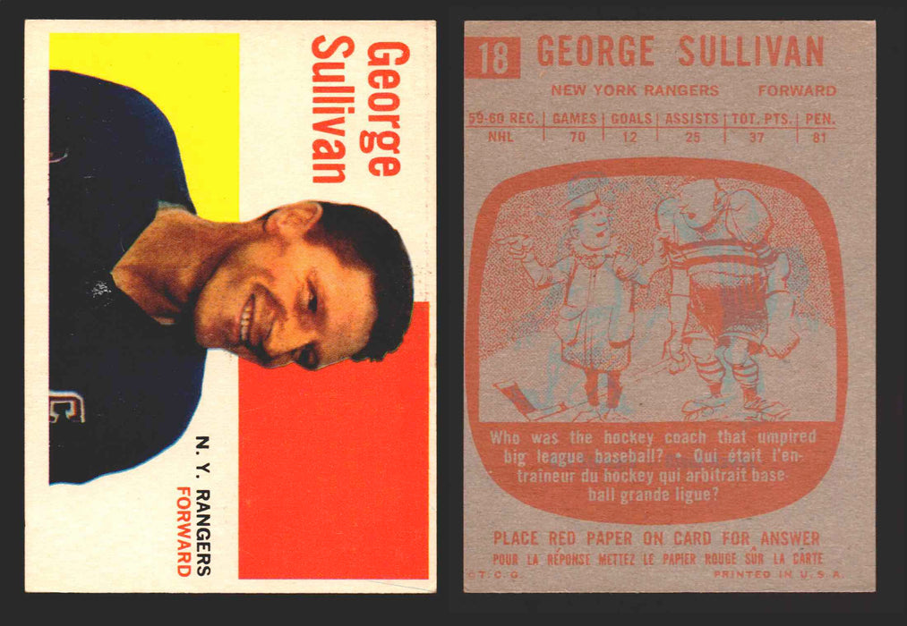 1960-61 Topps Hockey NHL Trading Card You Pick Single Cards #1 - 66 EX/NM 18 George "Red" Sullivan  - TvMovieCards.com