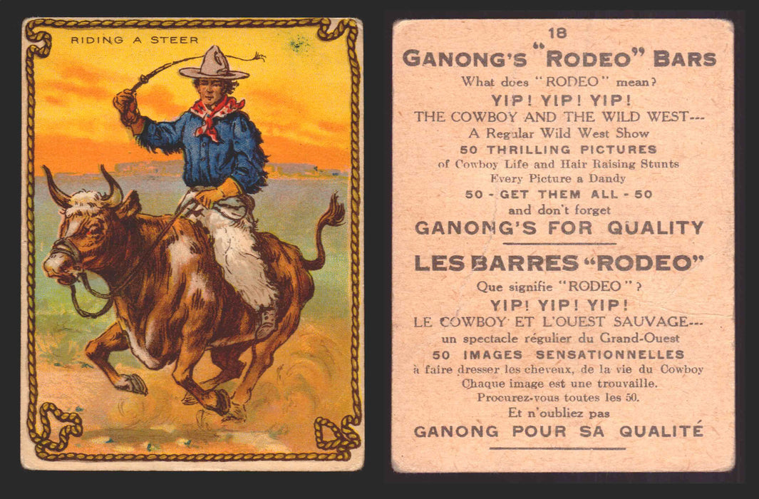 1930 Ganong "Rodeo" Bars V155 Cowboy Series #1-50 Trading Cards Singles #18 Riding A Steer  - TvMovieCards.com